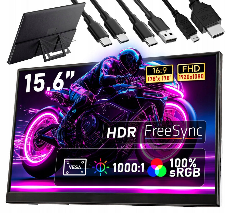 Stazer Monitor LCD przenośny 15,6 1920 x 1080 125Hz Podstawka Kable Głośniki
