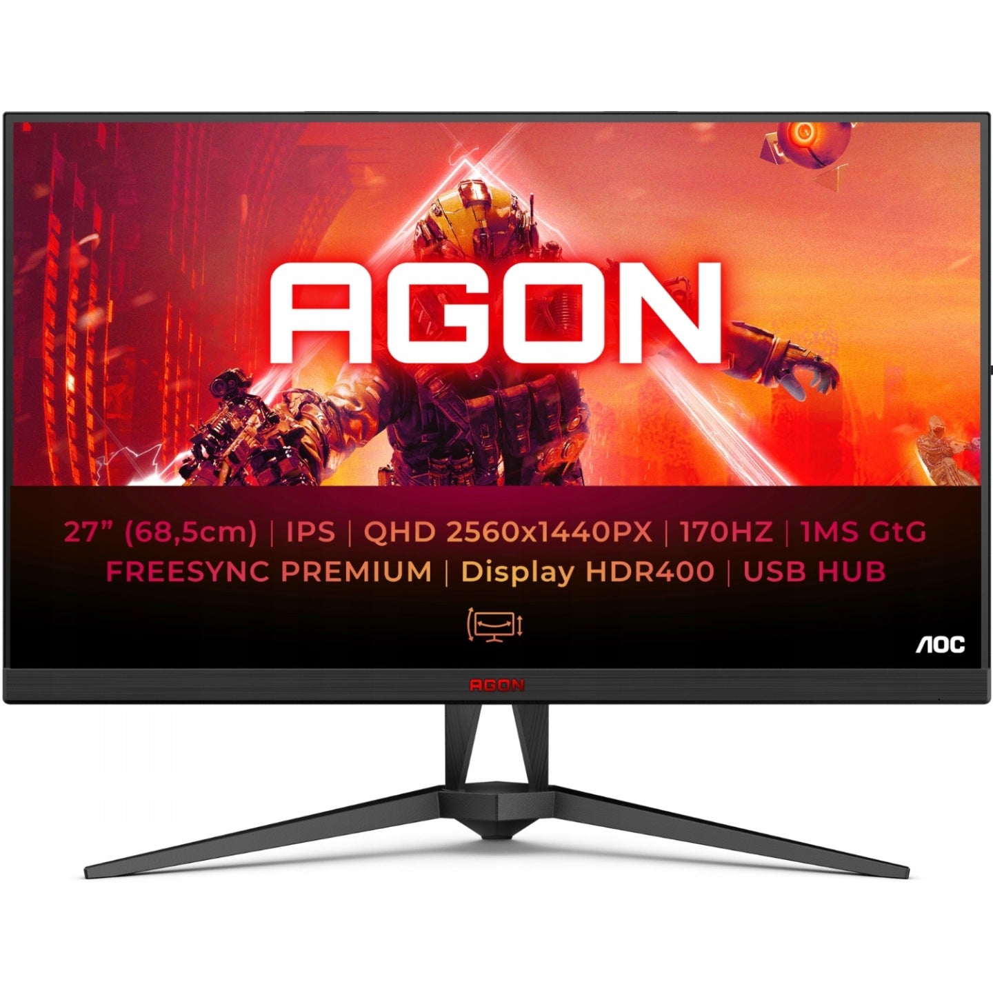 AOC Monitor Gamingowy 27 Cali AOC AGON QHD IPS LED 170HZ HDR 1MS HDMI HAS Pivot
