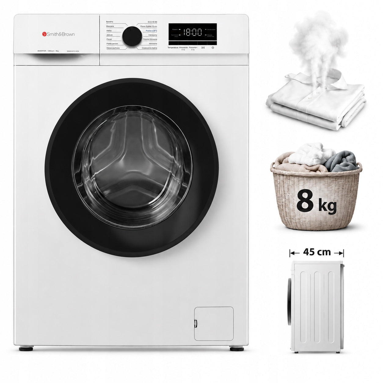 Pralka Slim SmithBrown SWAN-812-W24 8kg 1200 obr/min 74 dB 14 programów(1000/6 kg/Pralka Slim SmithBrown SWAN-812-W24 8kg 1200 obr/min 74 dB 14 programów)
